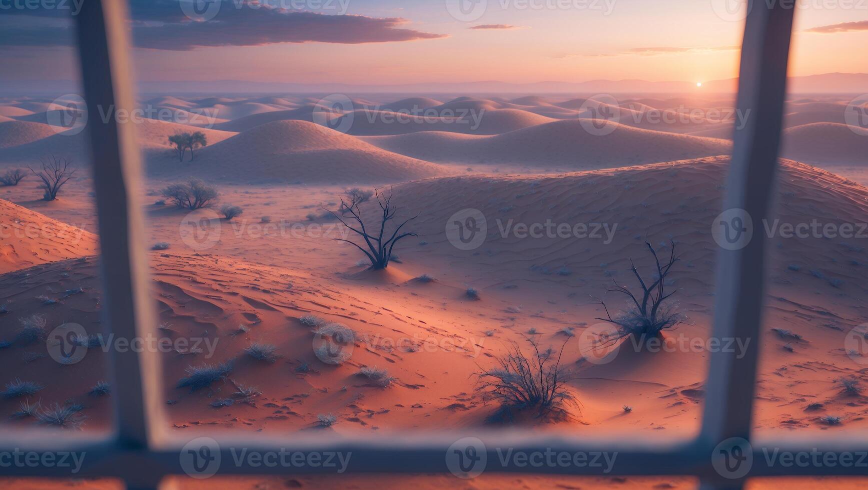 Viewing Desert Sand Dunes Through a Window at Sunset Horizon photo