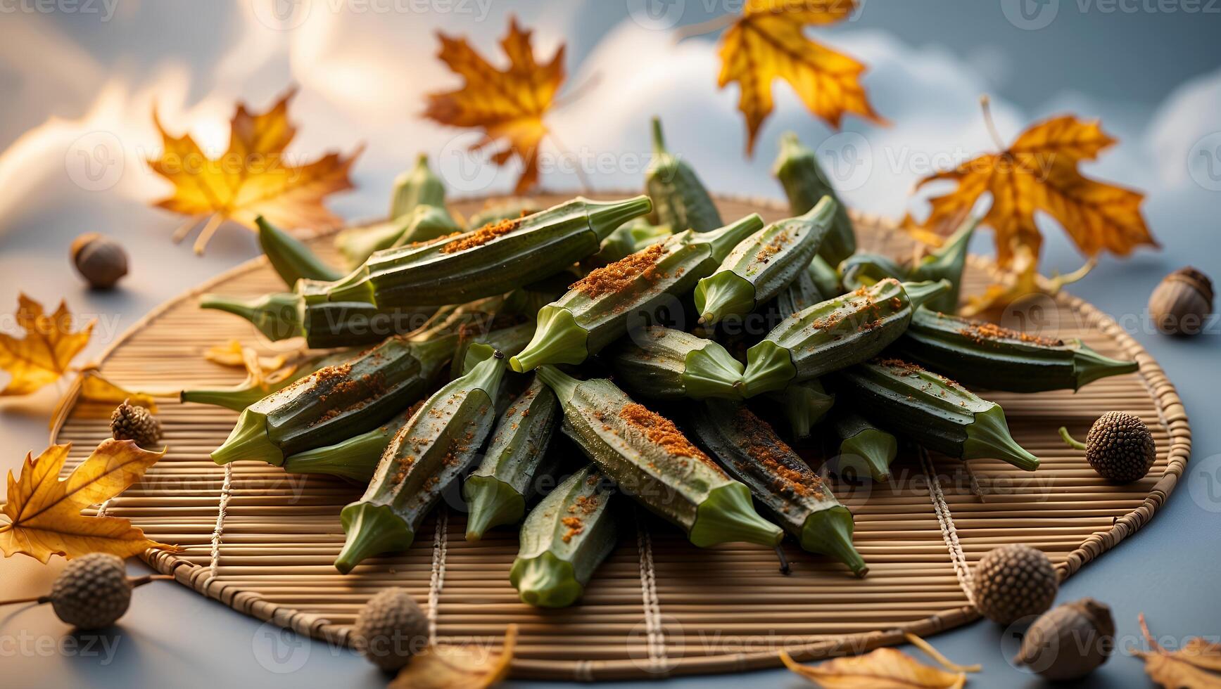 Okra Pile on Woven Mat with Fall Leaves and Acorns photo