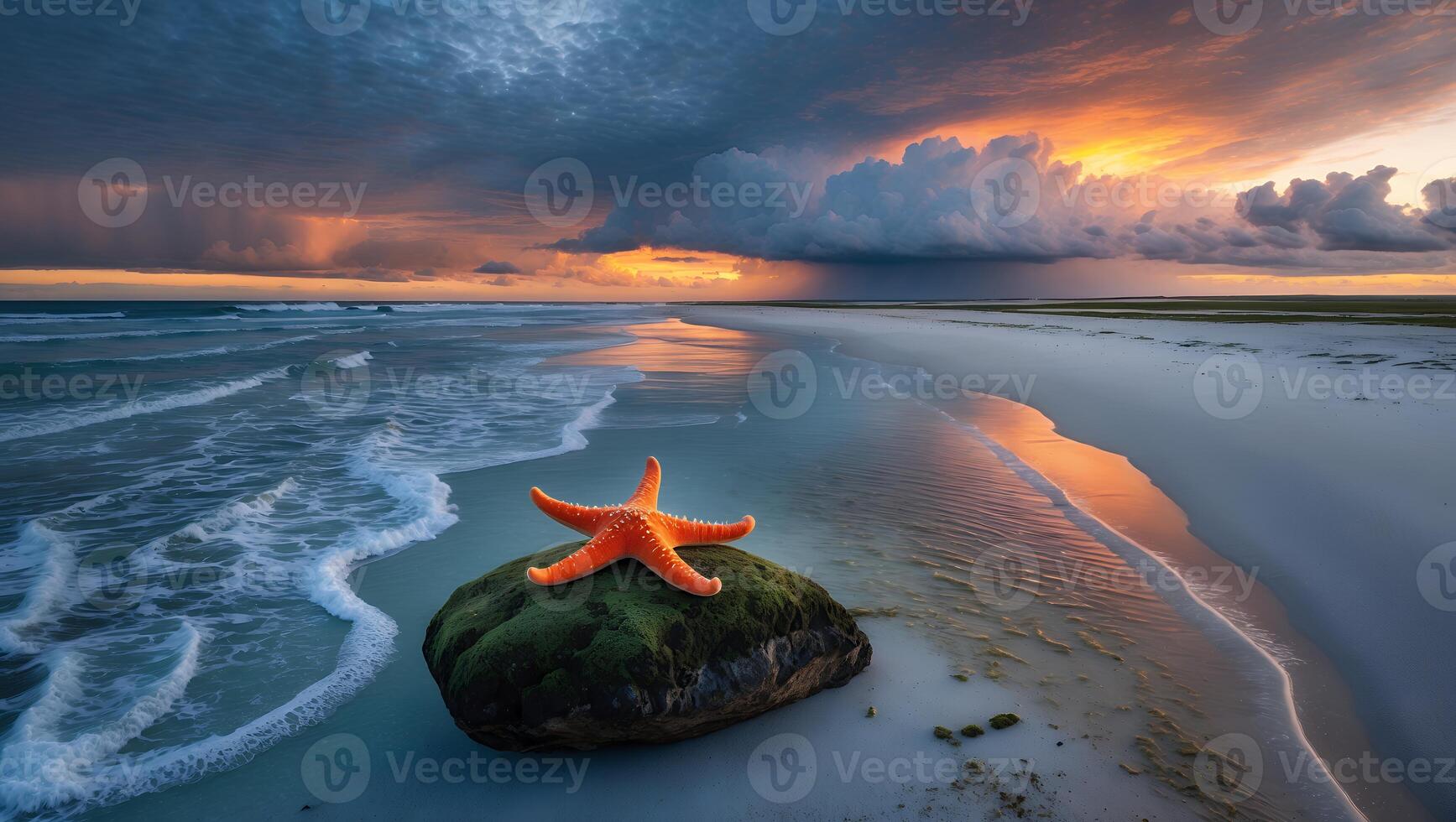 Starfish Resting on Rock at Beach with Dramatic Sky at Sunset photo