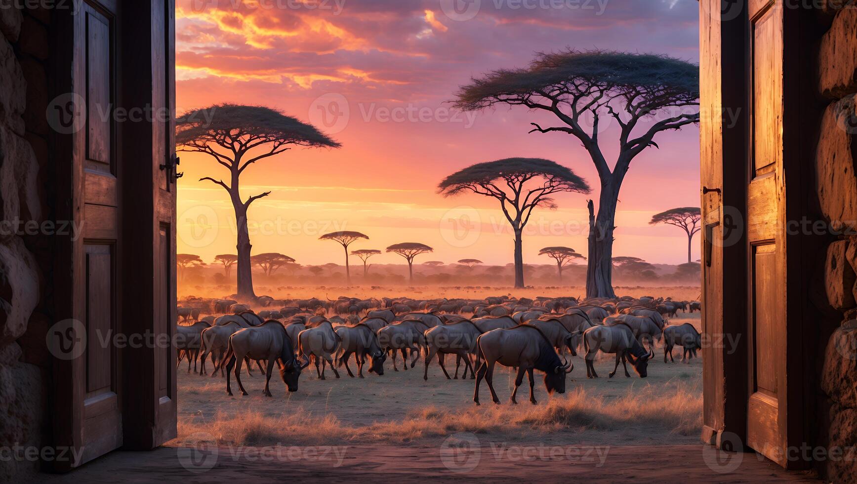 Viewing Grazing Wildebeest Herd Through Open Doorway at Colorful Sunset photo