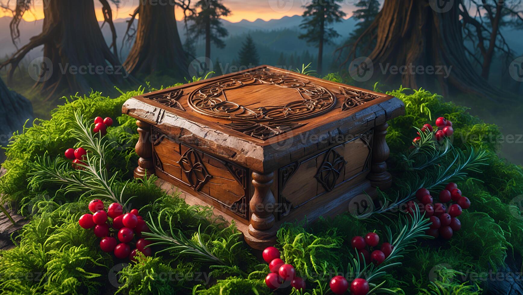 Ornate Wooden Box on Moss with Red Berries in Forest Setting photo