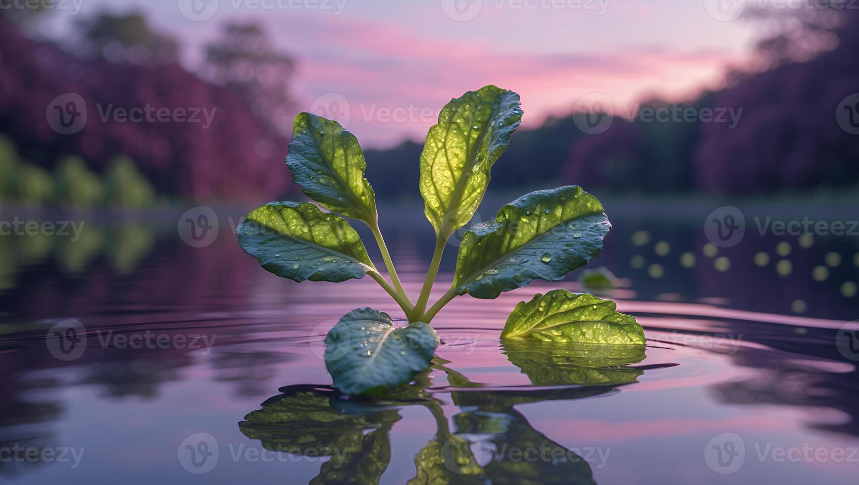 Plant Growing in Water Reflecting Sunset Sky and Surrounding Trees photo