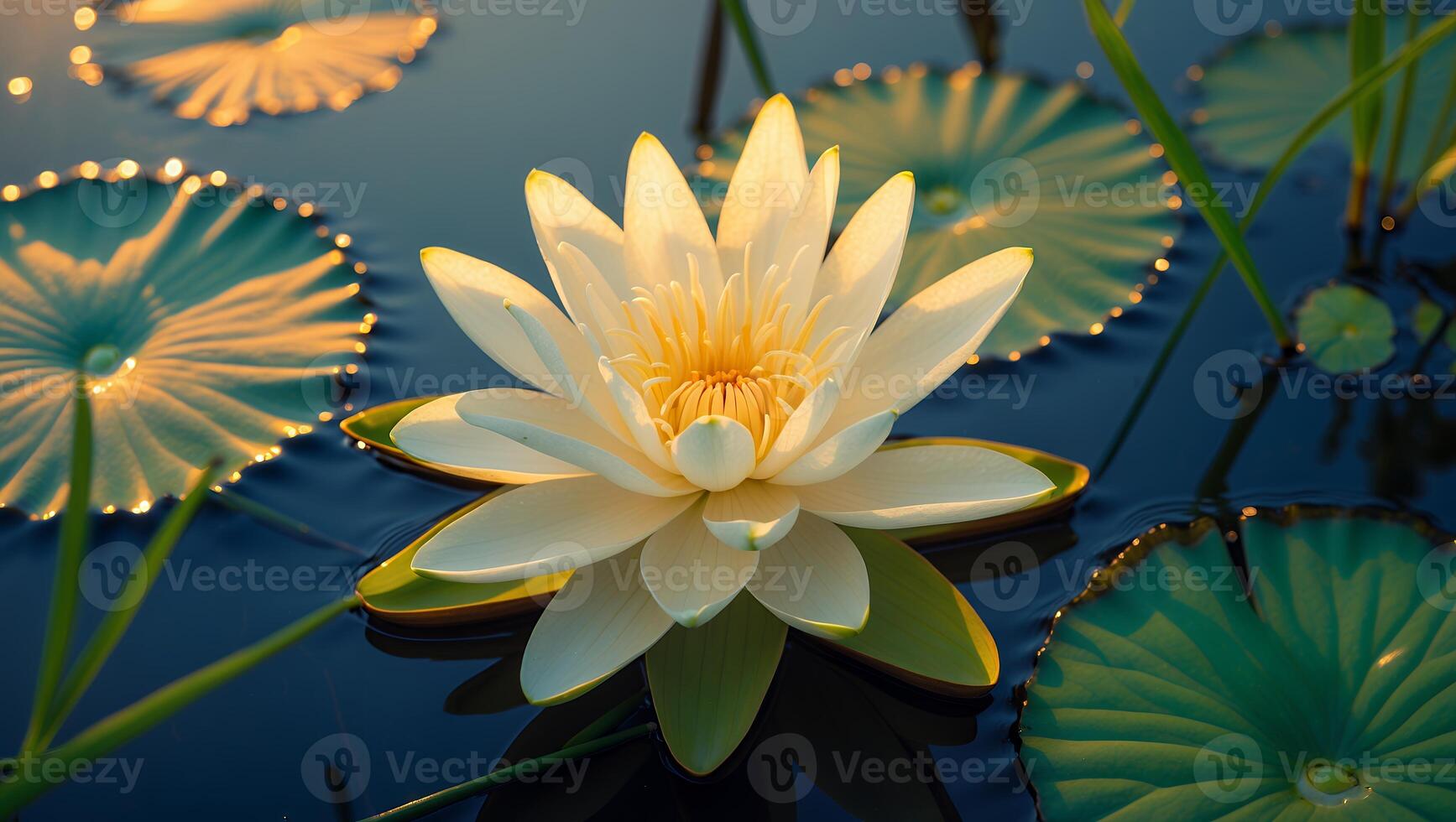 White Water Lily Floating on Pond Surrounded by Lily Pads photo