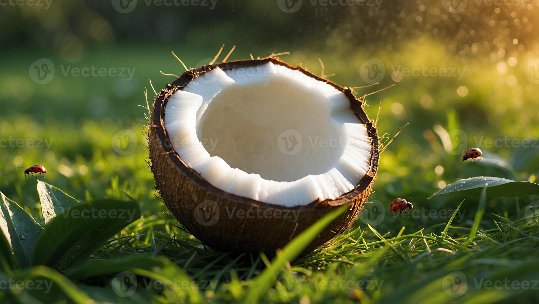 Halved Coconut on Green Grass with Ladybugs in Summer Sunlight photo