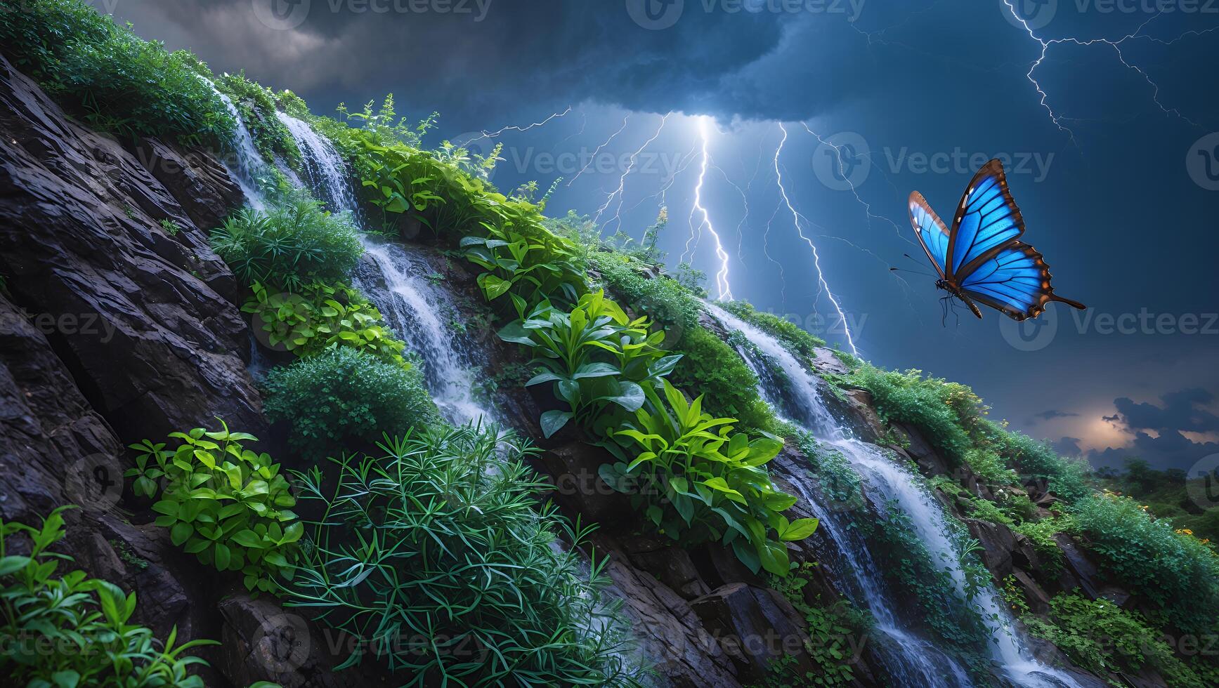 Waterfall with Lush Plants, Blue Butterfly, and Lightning Storm Backdrop photo