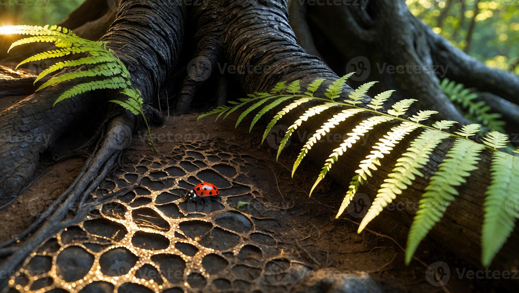 Ladybug Resting on Tree Roots with Ferns in Sunlight photo