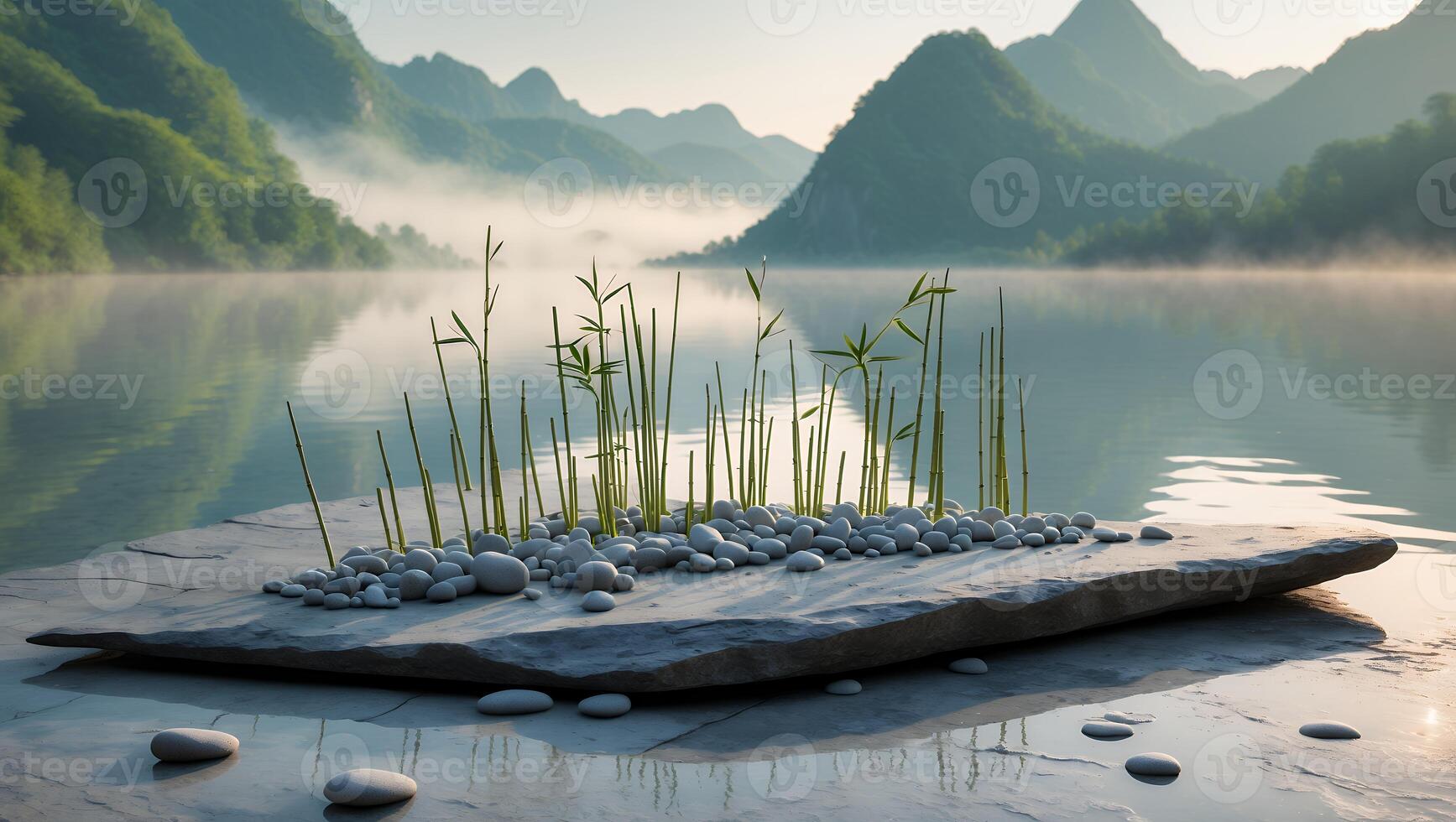 Calm Lake Scene with Green Bamboo and Pebbles on Stone Slab photo