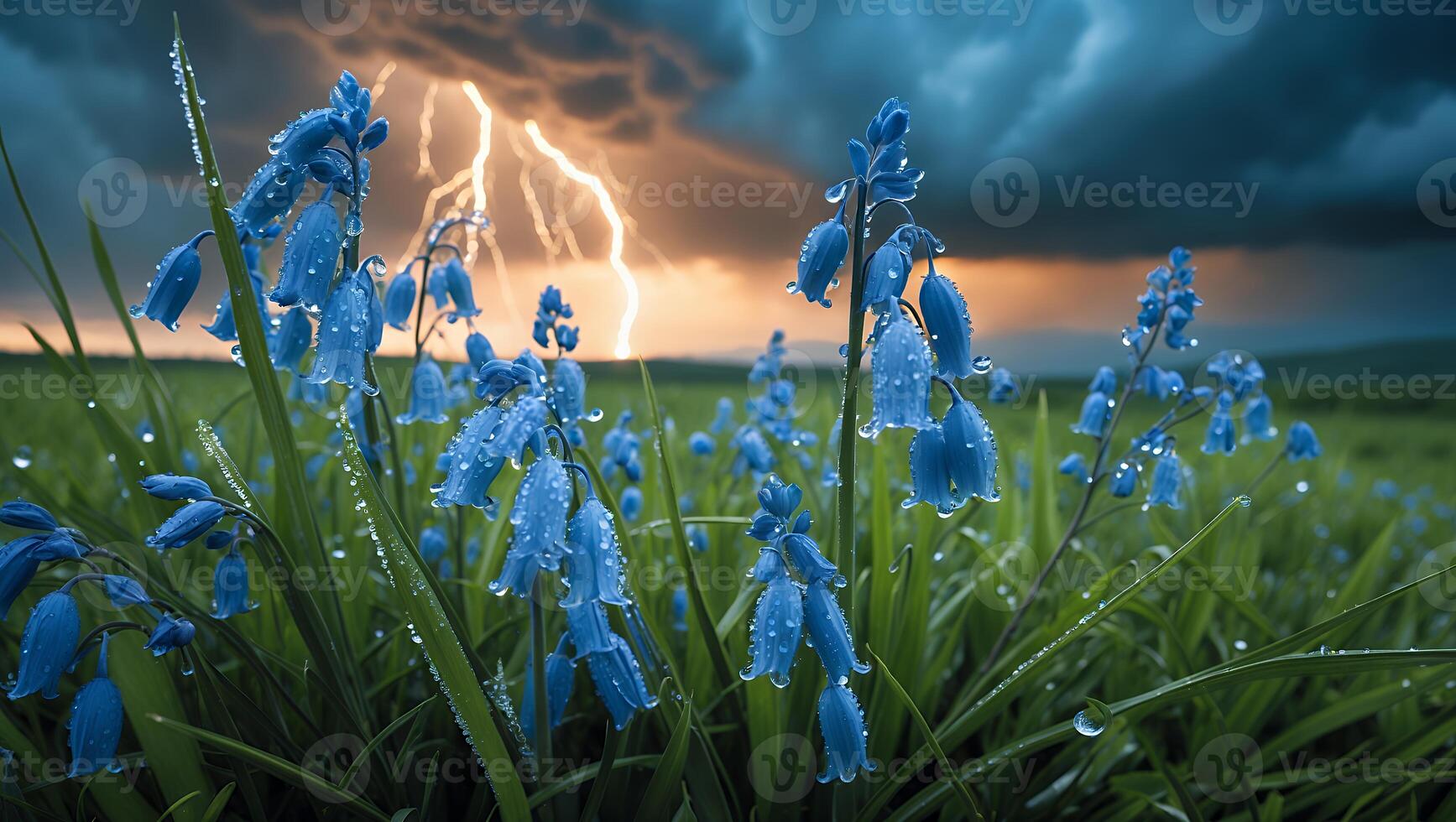 Bluebells in Meadow with Raindrops and Lightning in Dramatic Sky photo
