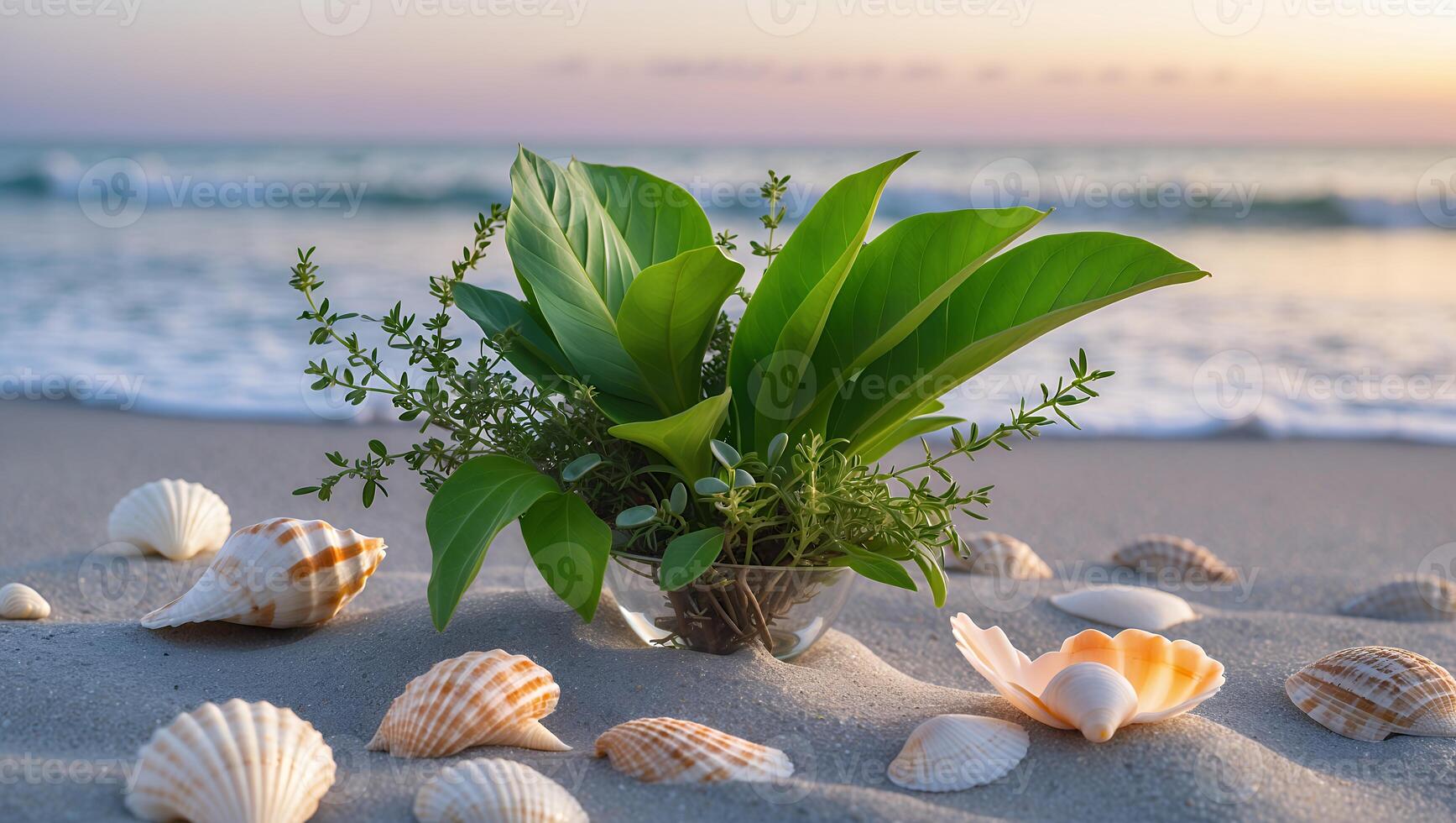 Plant in Vase on Beach with Seashells and Ocean Backdrop photo