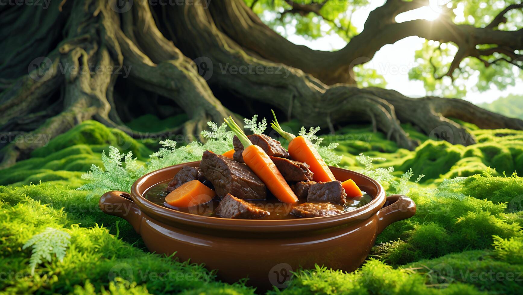 Beef Stew with Carrots in Ceramic Bowl on Mossy Landscape photo
