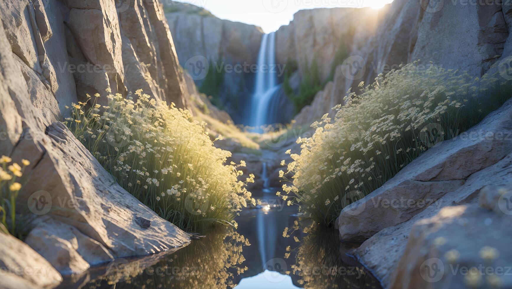 Waterfall Flowing Through Rocky Canyon with Wildflowers and Water Reflection photo