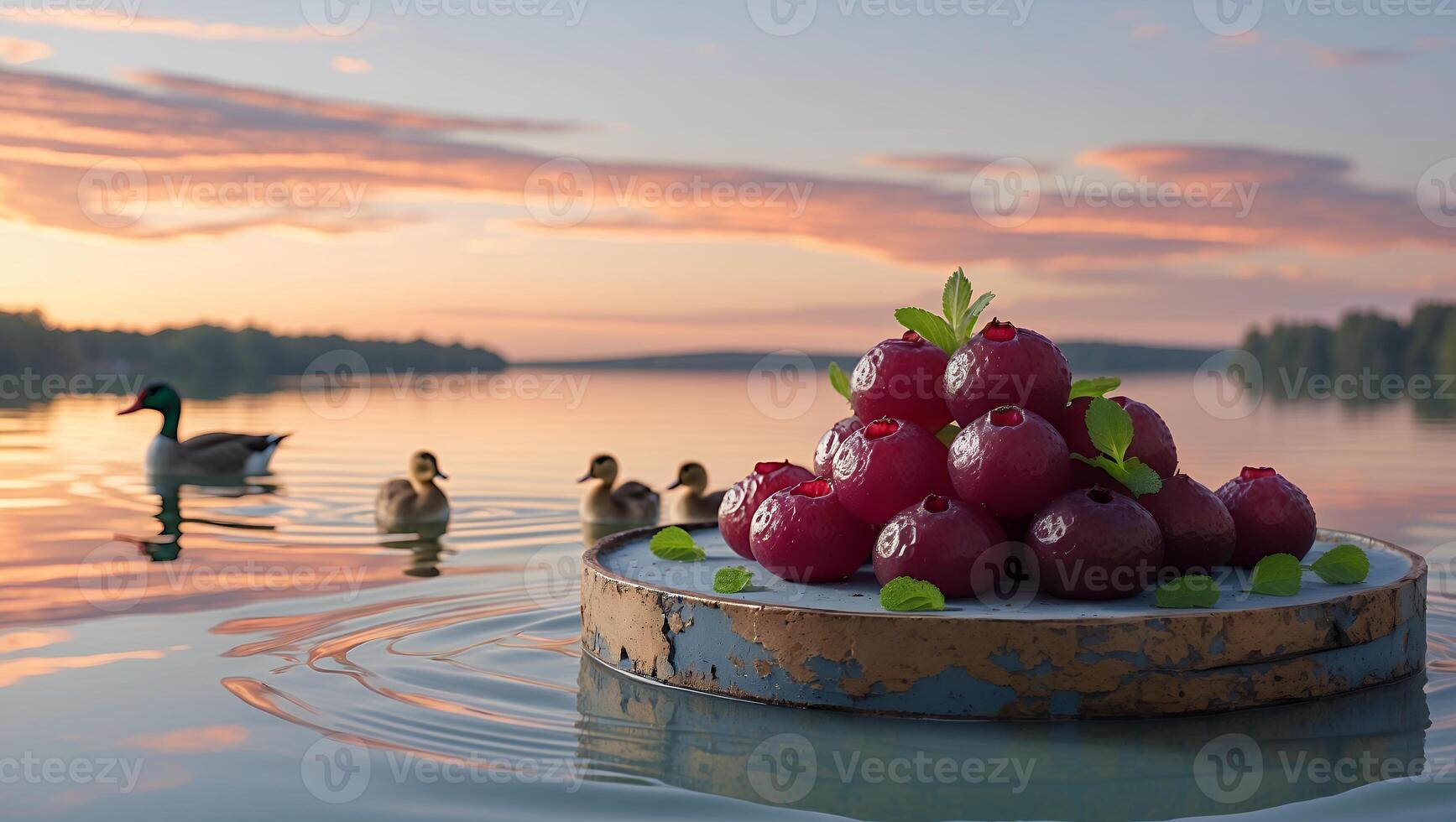 Heap of Berries with Ducks on Water at a Calm Sunset photo