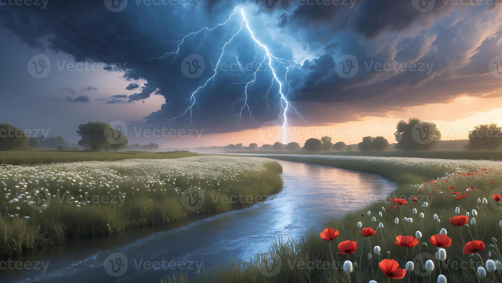 Lightning Strikes Over Serene River Flowing Through Meadow with Wildflowers photo