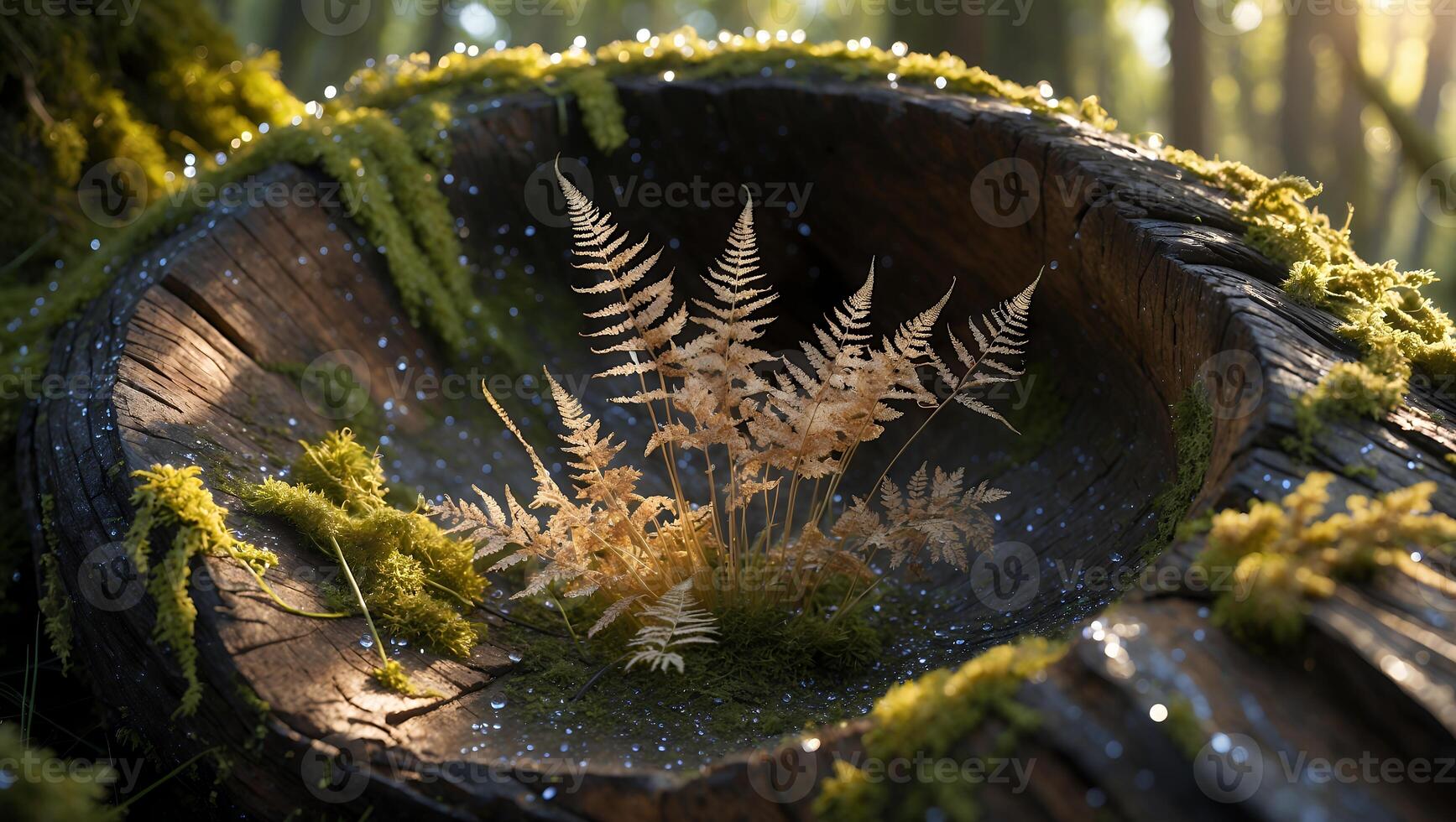 Fern Growing in Hollow Log with Moss in Forest Sunlight photo