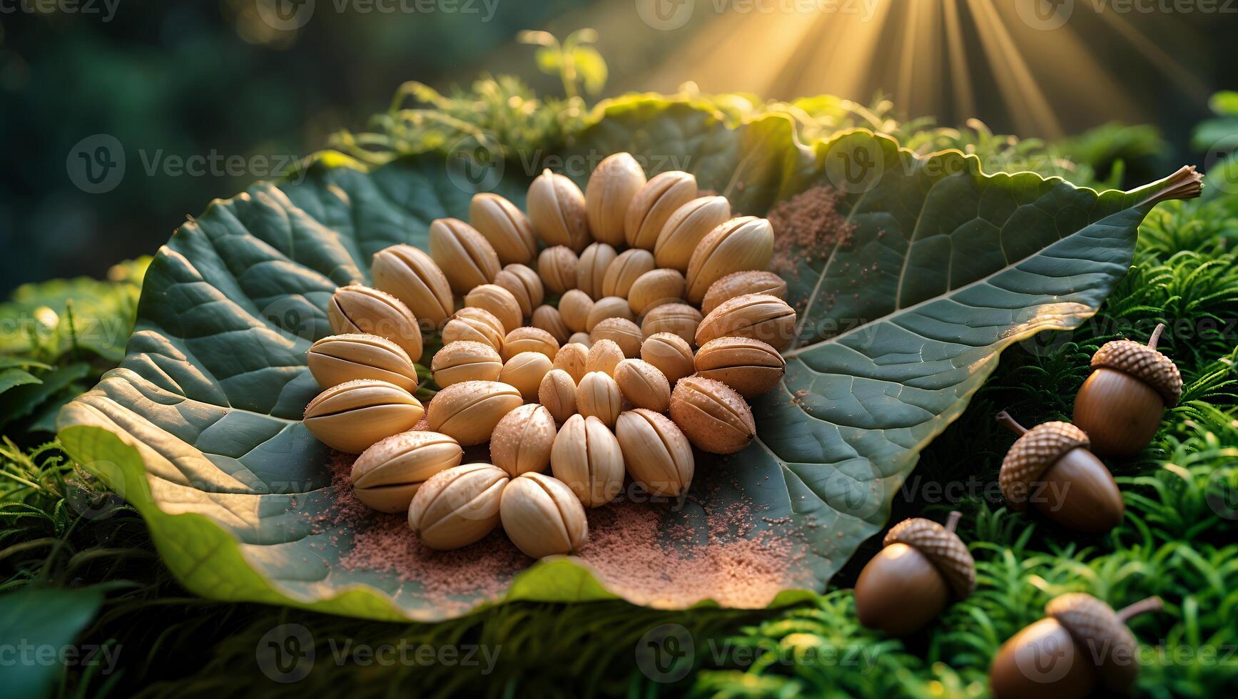 Arranging Acorns in a Spiral Pattern on a Green Leaf Outdoors photo