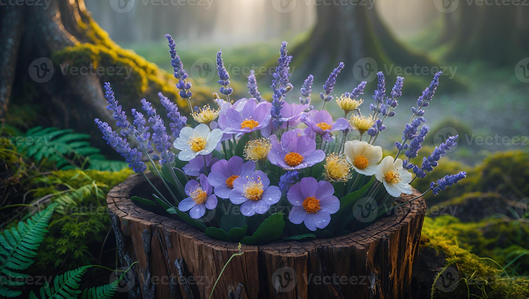Flowers in Woodland Setting Featuring Lavender and Wildflowers in Stump photo
