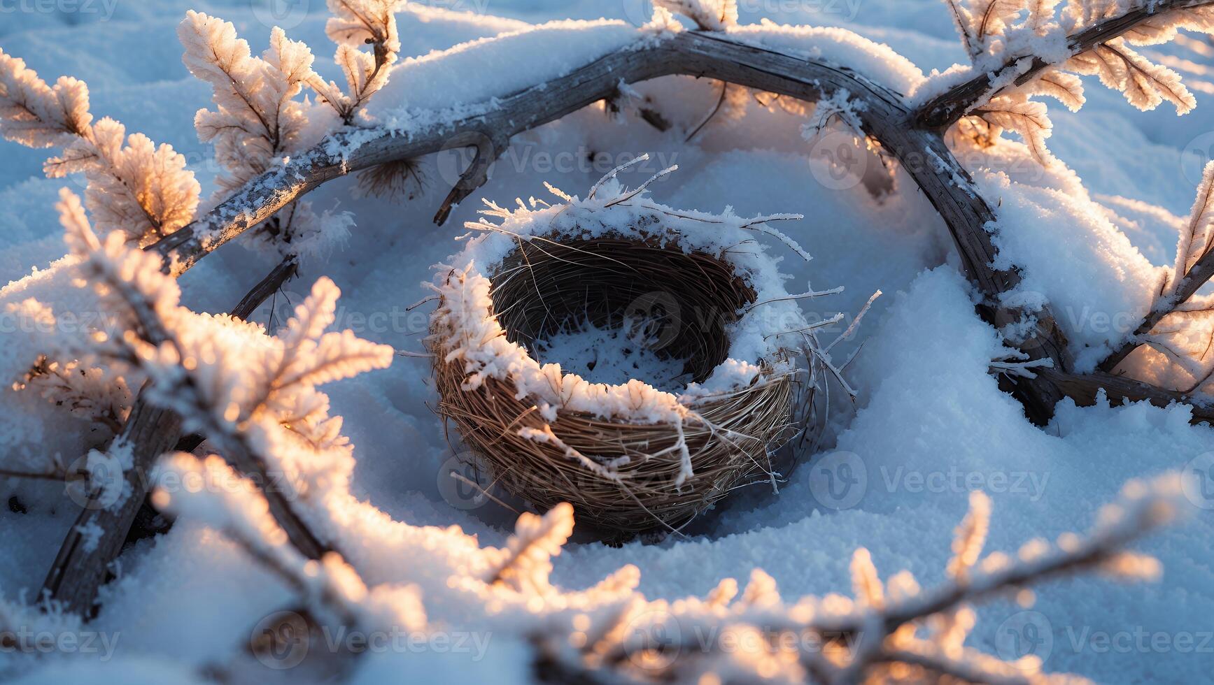 Bird Nest in Snow Winter Scene with Golden Hour Lighting photo