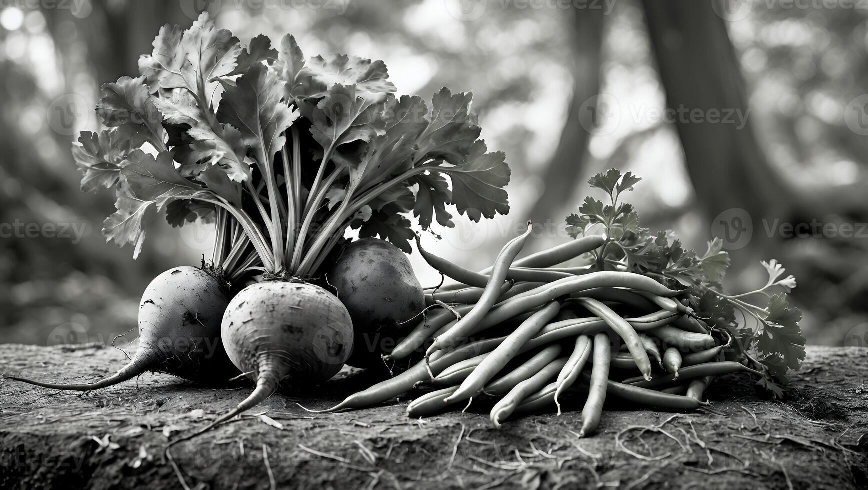 Gathered Root Vegetables and Green Beans on Wooden Surface Outdoors photo