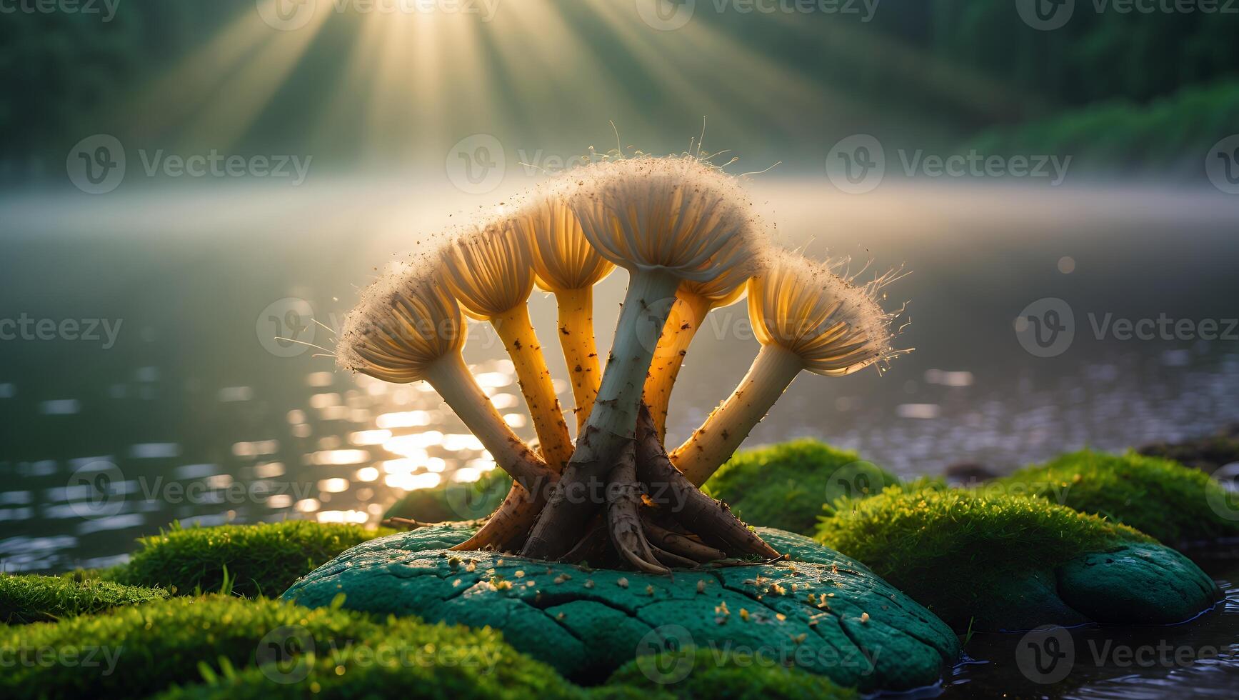 Cluster of Fungi by a Lake Glowing with Sunlight in Nature photo