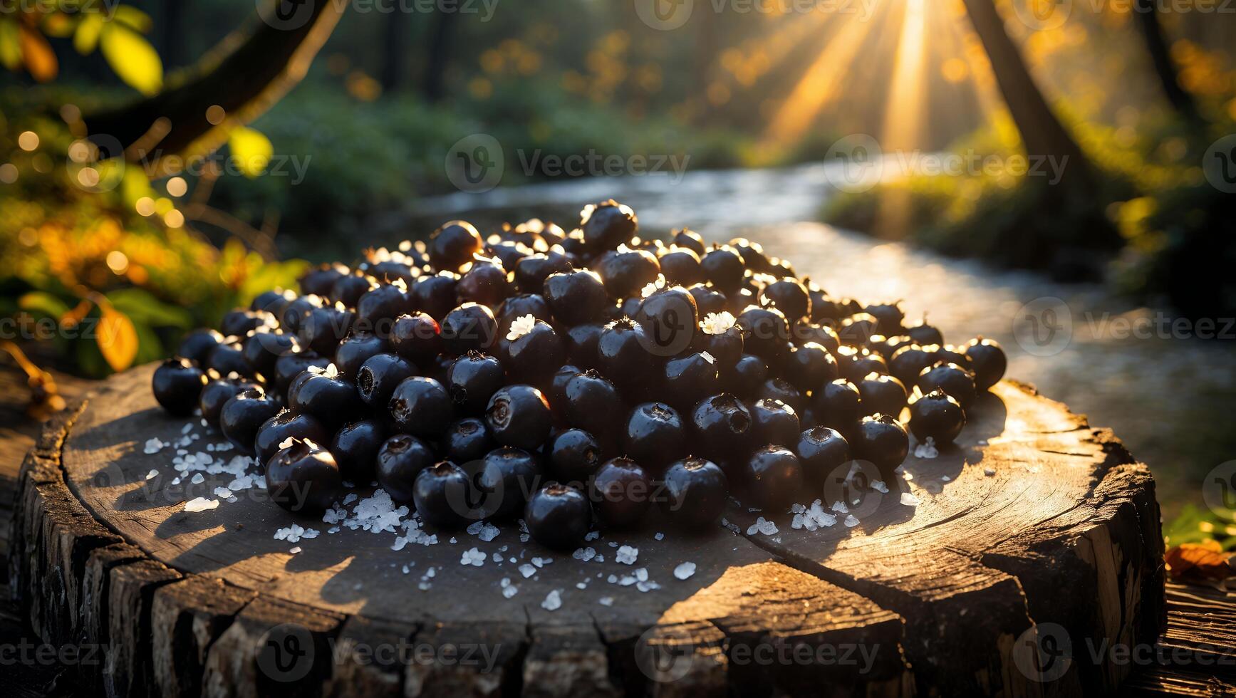 Pile of Berries on Wood Slice by Stream in Golden Sunlight photo
