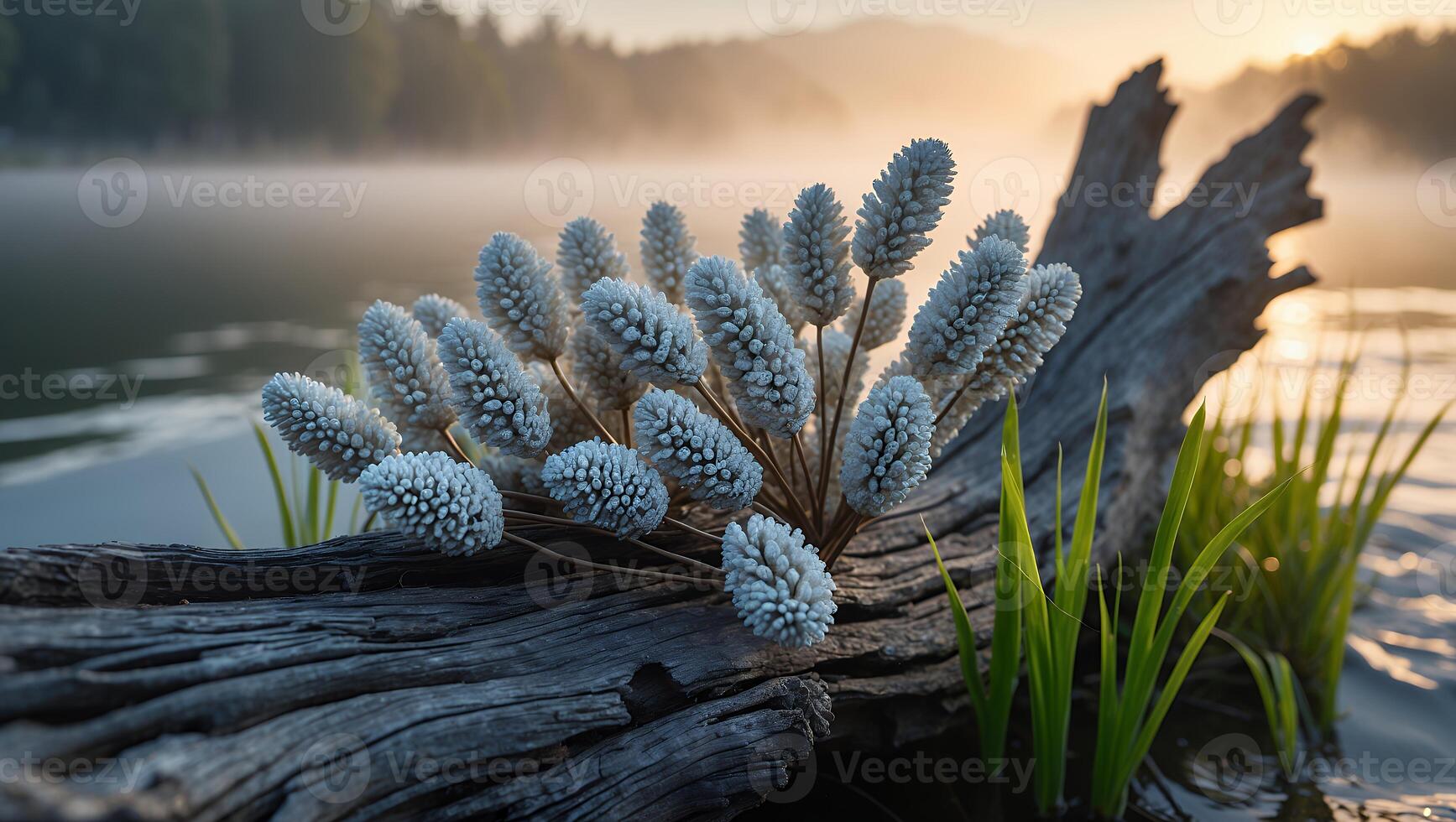 White Cone Flowers on Driftwood by Lake at Misty Sunrise photo