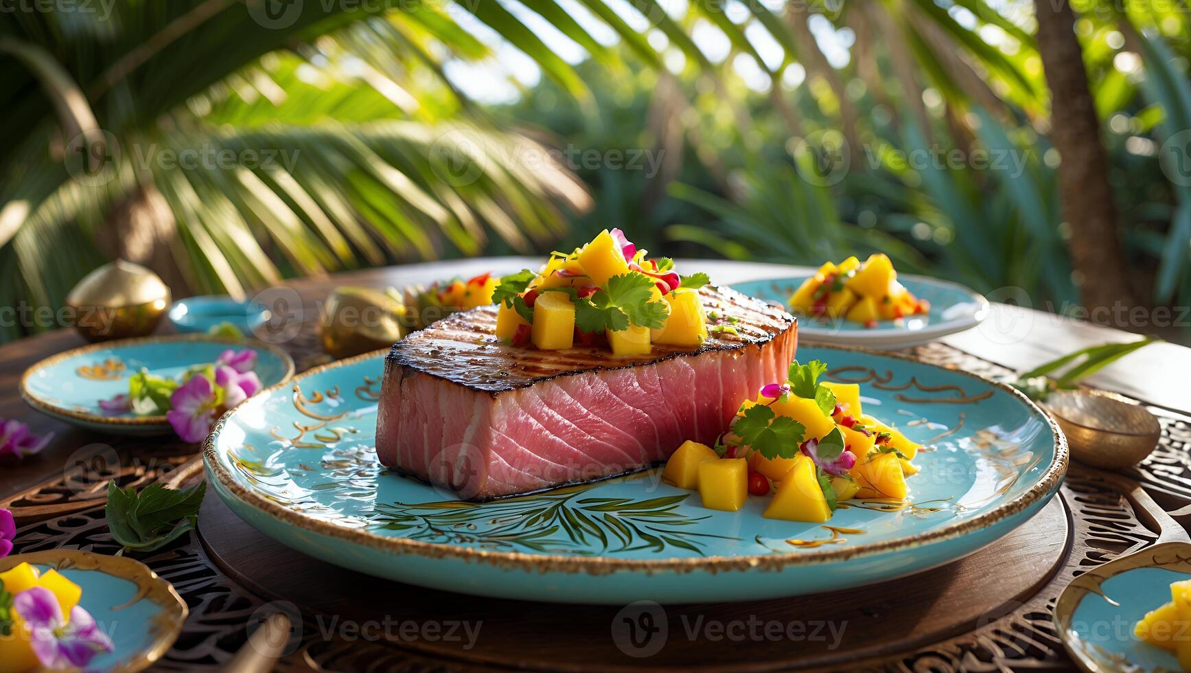 Grilled Tuna Steak Topped with Mango Salsa and Tropical Setting photo