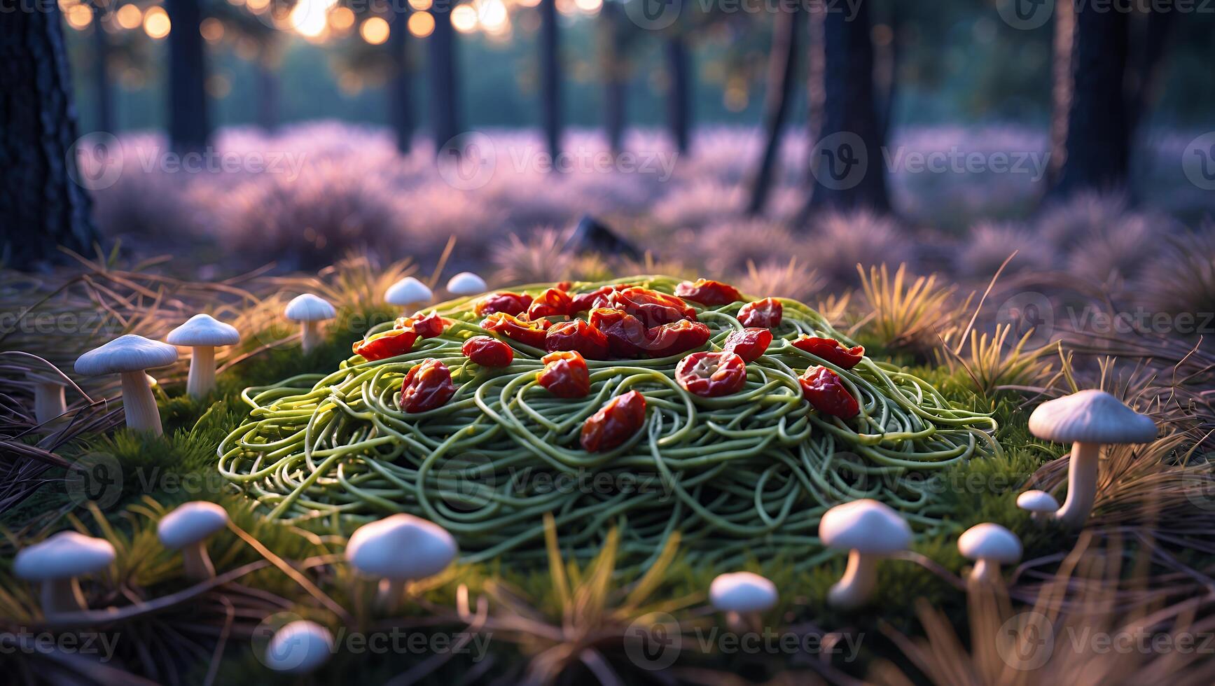 Spaghetti with Tomato Topping Surrounded by Mushrooms in Forest Setting photo