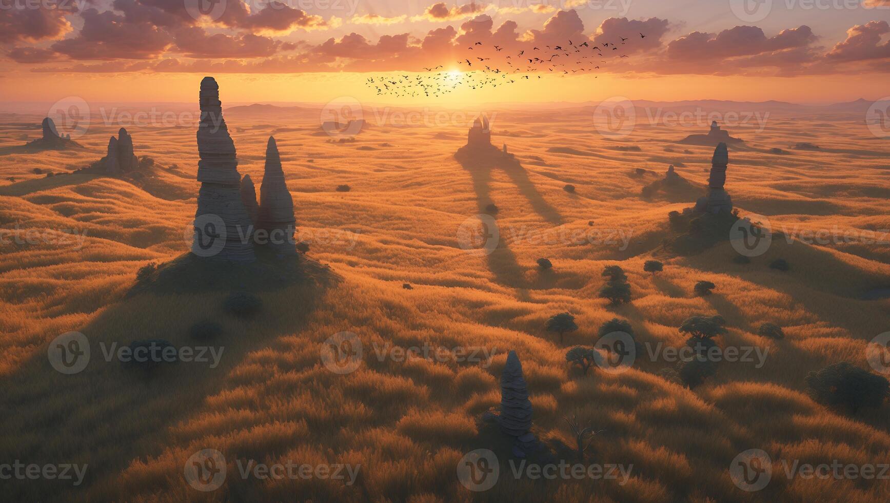 Desert Landscape at Sunset with Rock Formations and Bird Migration photo