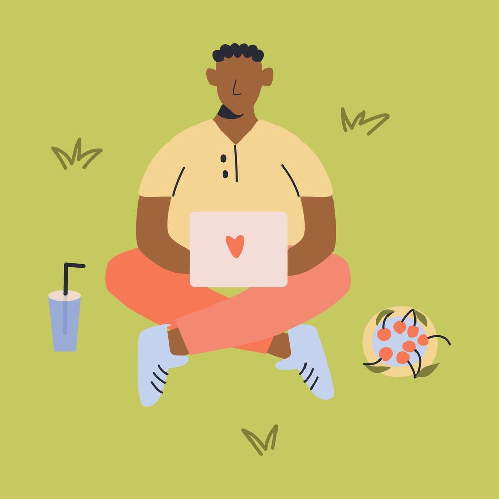 Black male freelancer in the park working on a laptop. Illustration of a digital nomad man. Isolated flat design vector