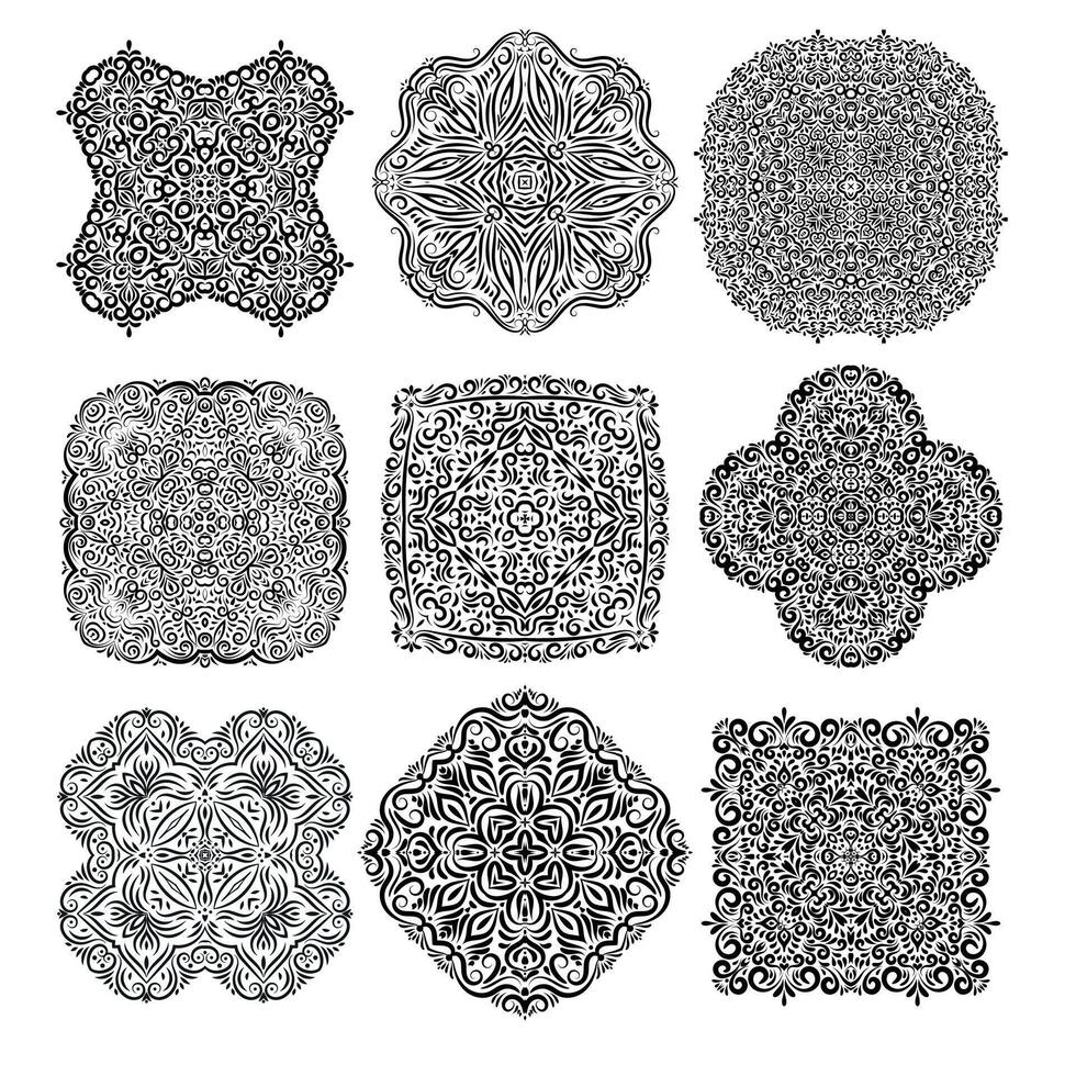 set of intricate ornamental designs. Collection of mandalas or heraldic emblems for logo design, invitations, tattoos, or textile prints vector