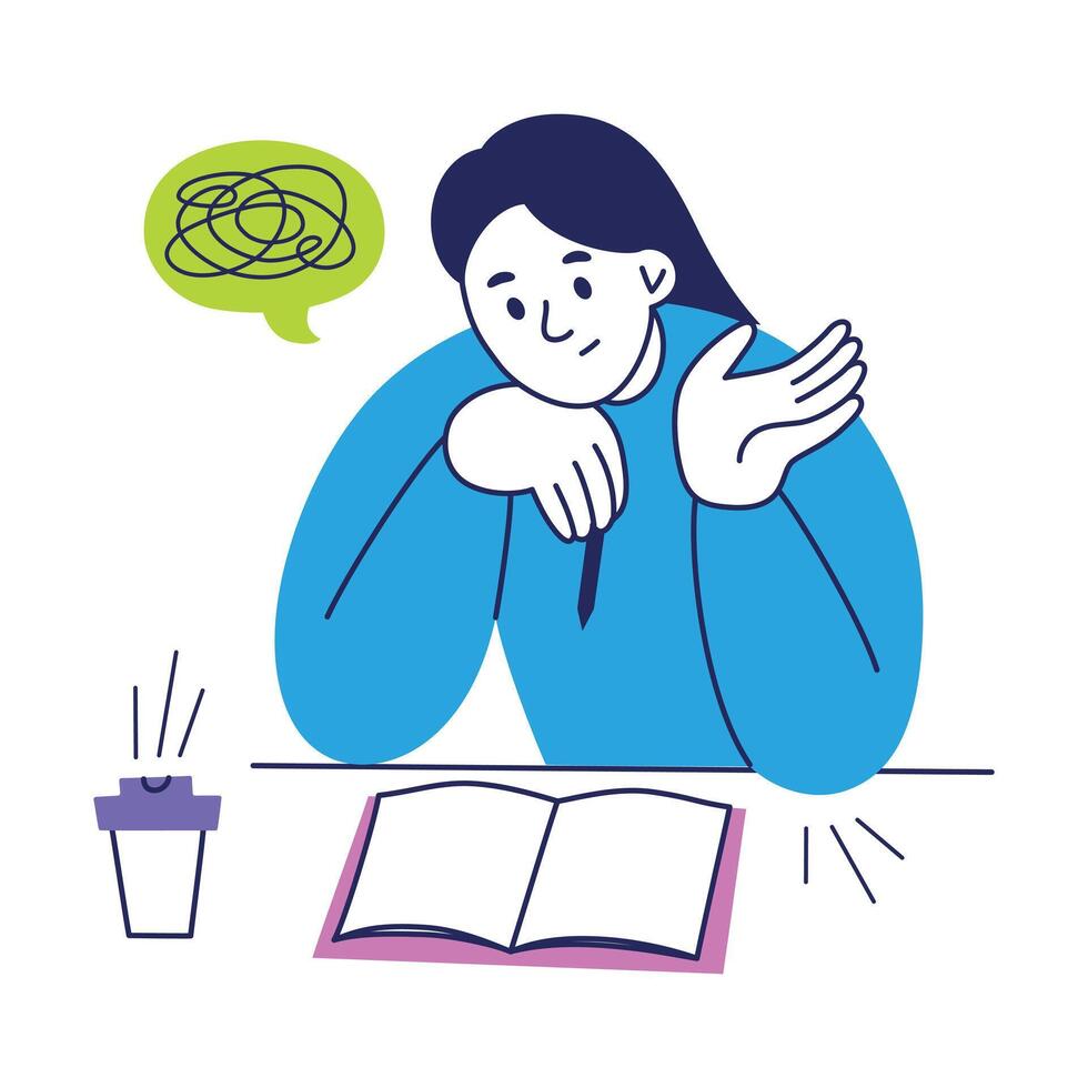Cartoon illustration of confused girl with open notebook, tangled thought bubble. Exam anxiety, creative block, student stress, blank page fear, learning difficulty, education and mental load vector