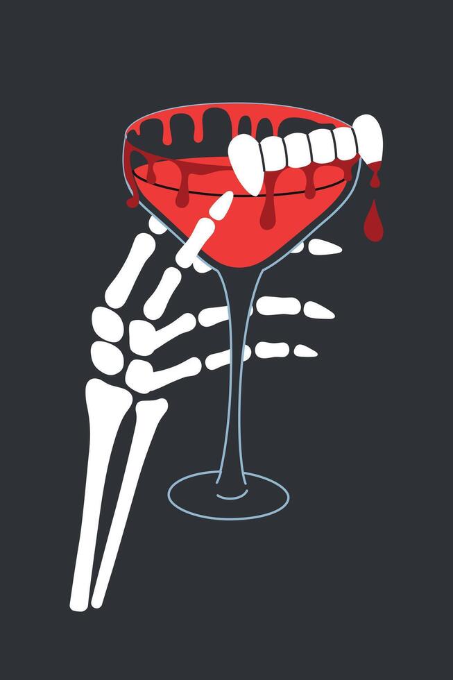 Flat cartoon illustration of skeleton hand holding glass with red vampire drink. Halloween party theme with Dracula teeth garnish, dripping blood effect. Spooky celebration design, bar menu vector