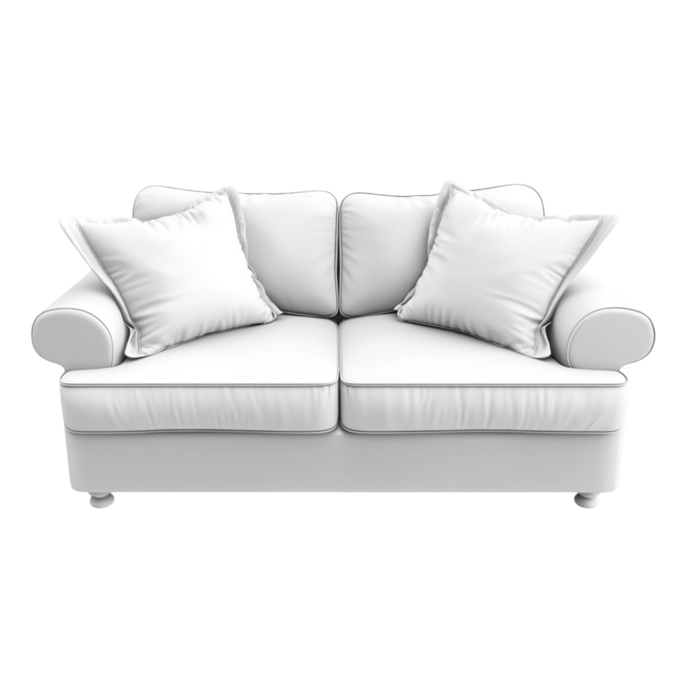Comfortable white sofa with fluffy cushions front view png