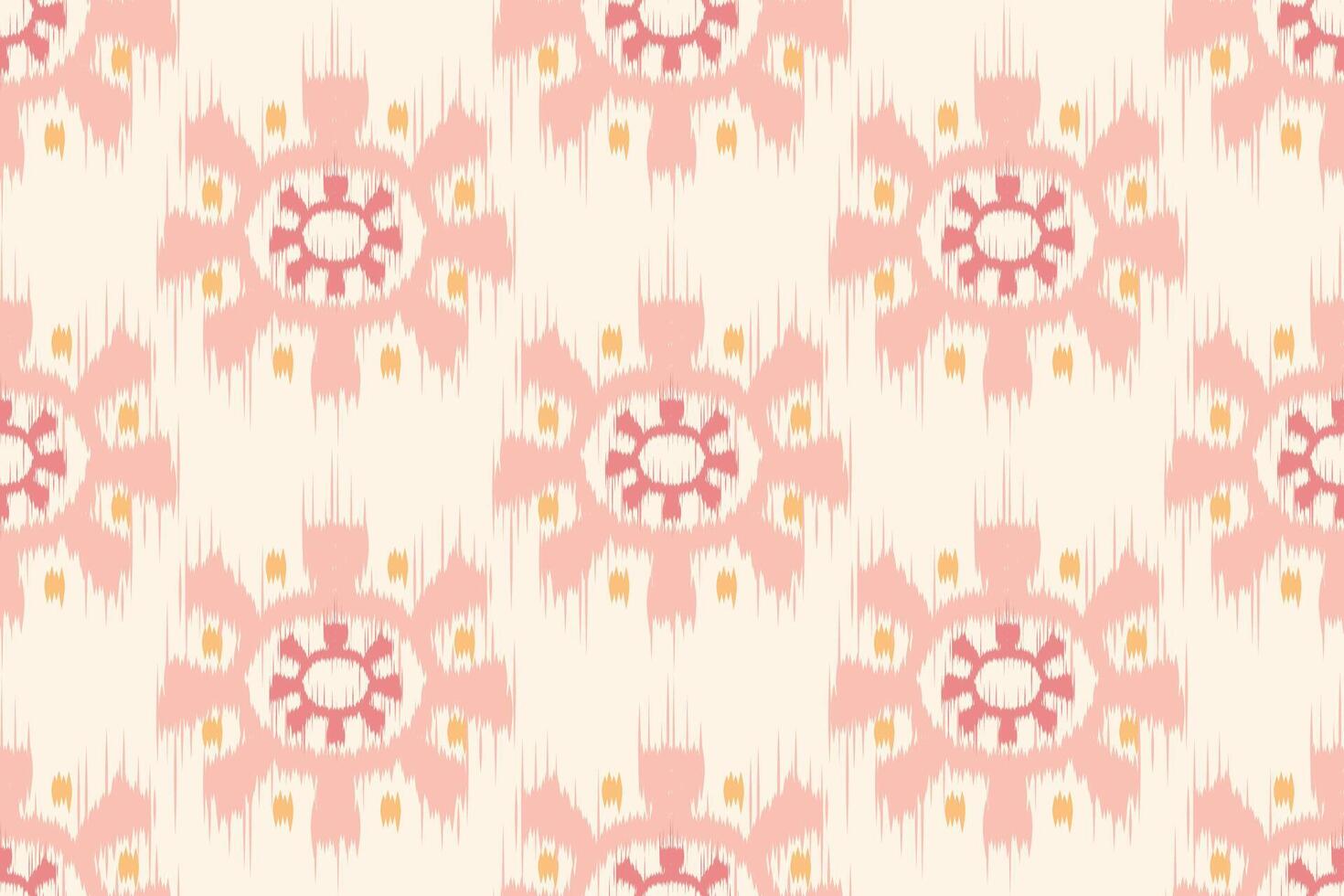 Seamless Ikat pattern in warm pink tones with traditional tribal motifs. Ideal for fabric printing, textiles, packaging, home decor, and digital design projects. vector