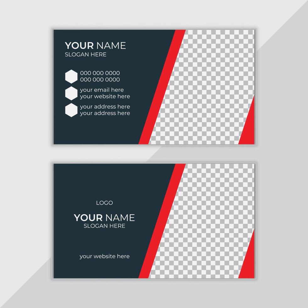 Creative red and black corporate business card design, double-sided modern business card template. Luxury dark background with red shape and image. vector