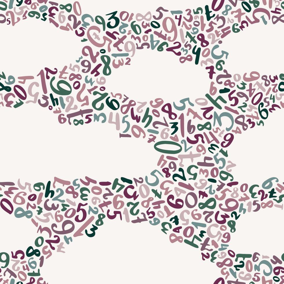 Seamless pattern of colorful handwritten numbers with white clouds on soft white background vector