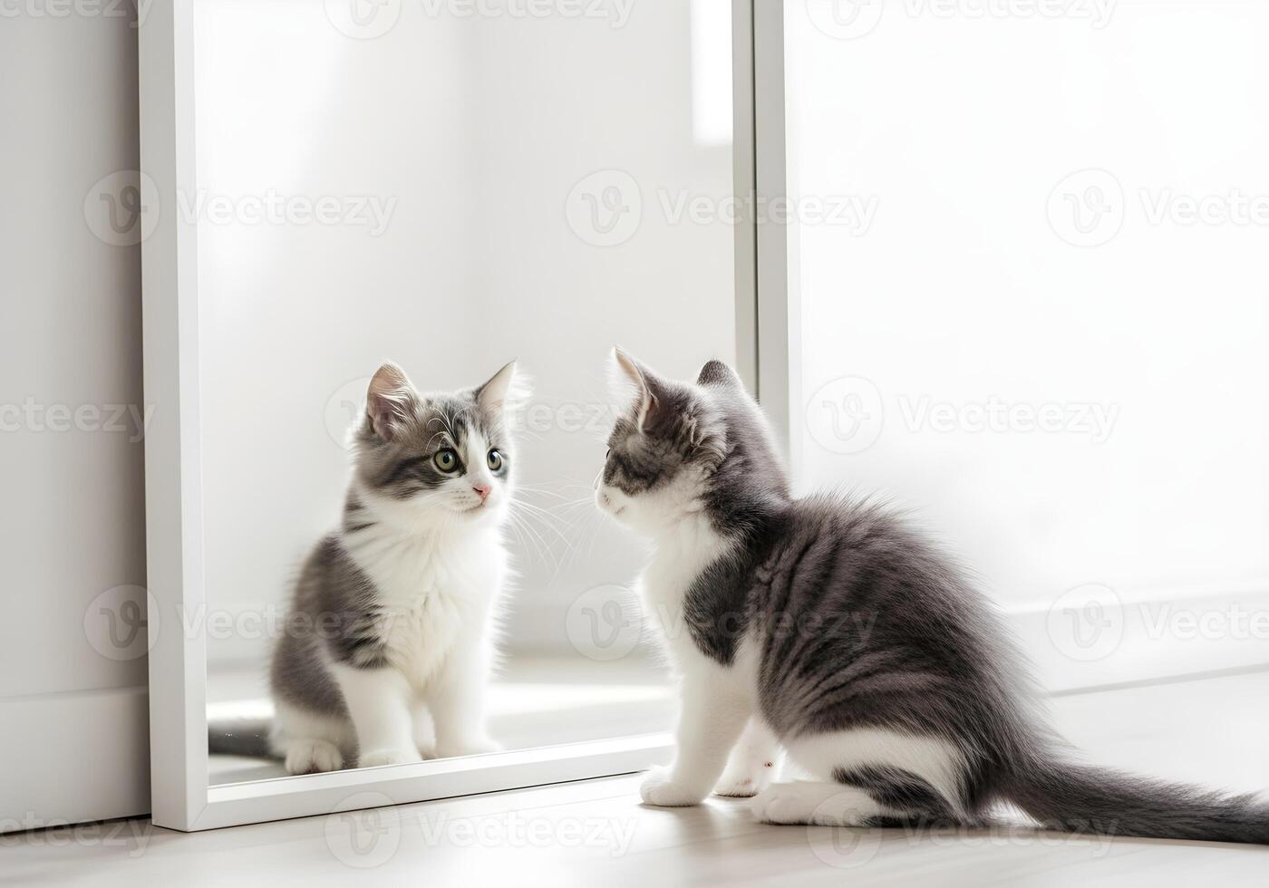 Kitten Looking at Its Reflection in a Mirror photo