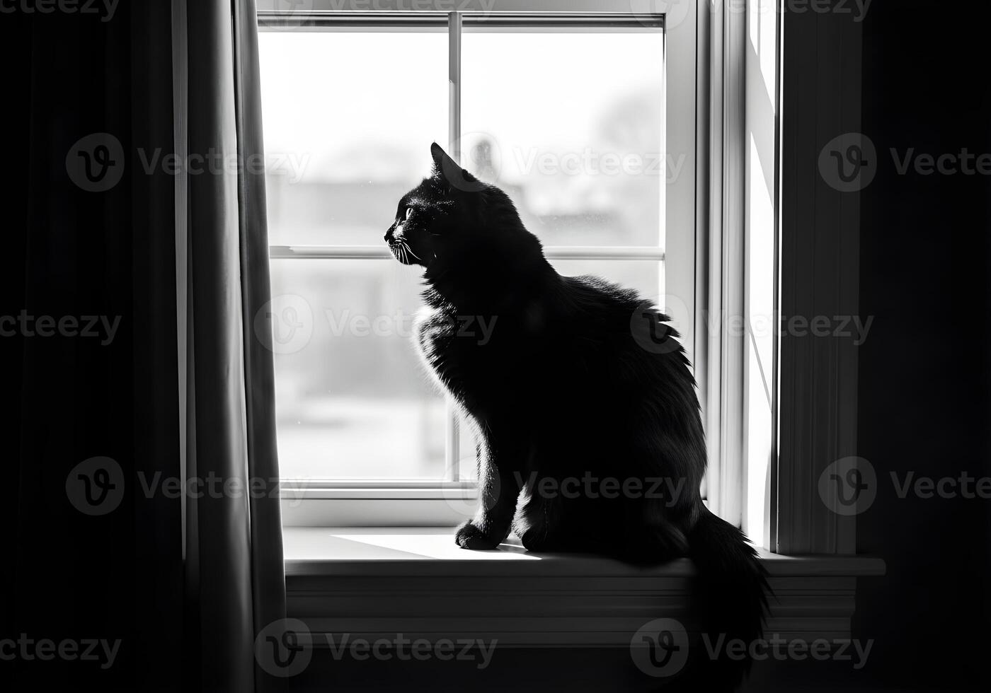 Monochrome Cat on Windowsill in Vintage Style photo