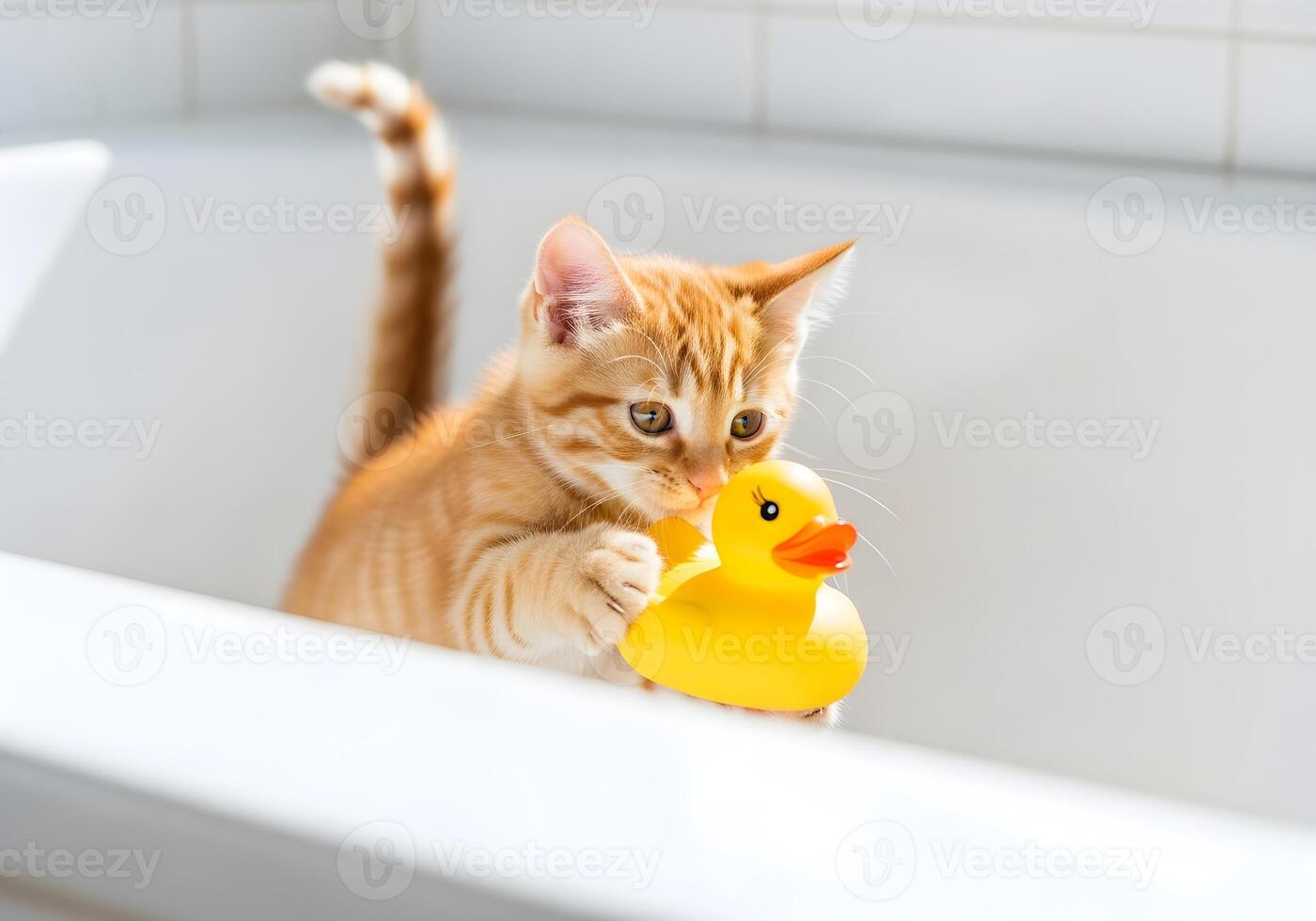 Kitten Playing with Rubber Duck in Bathtub photo