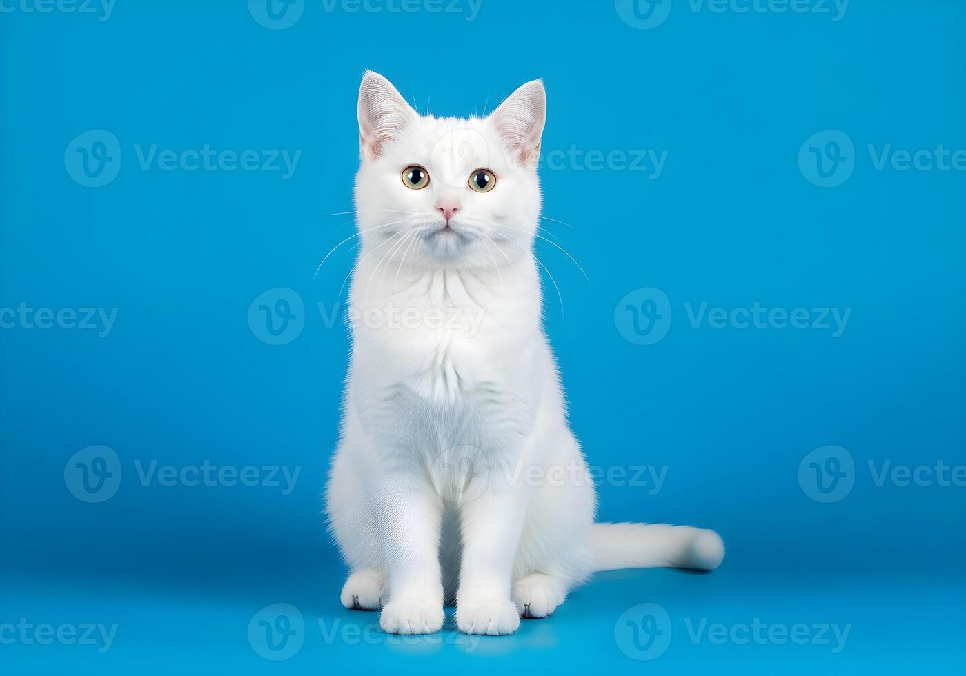 White Cat Against Bright Blue Solid Background photo