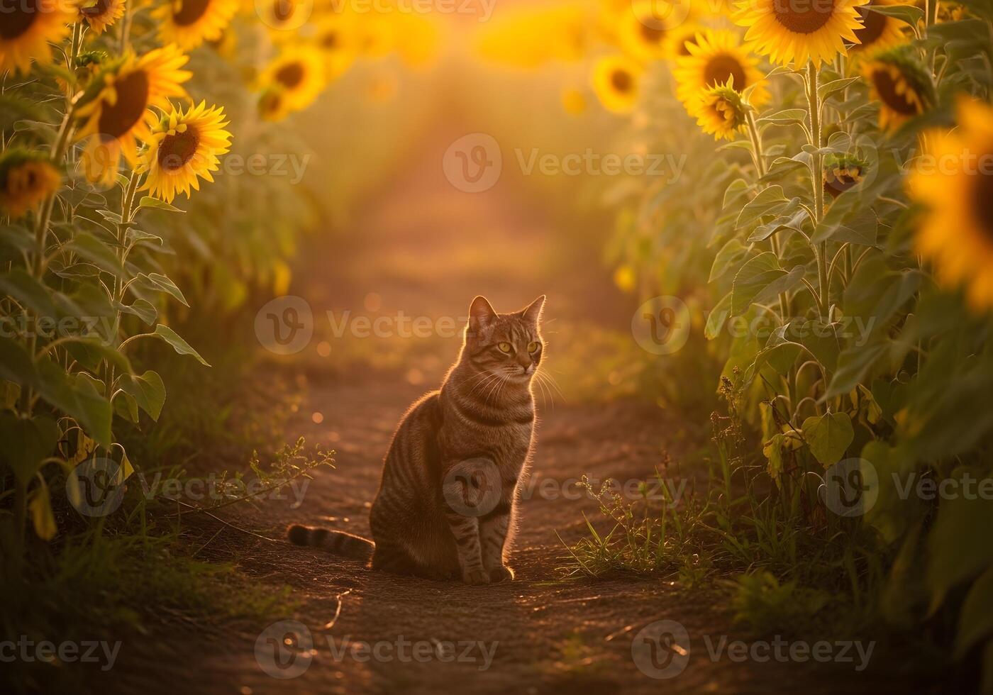 Tabby Cat in a Sunflower Field at Golden Hour photo