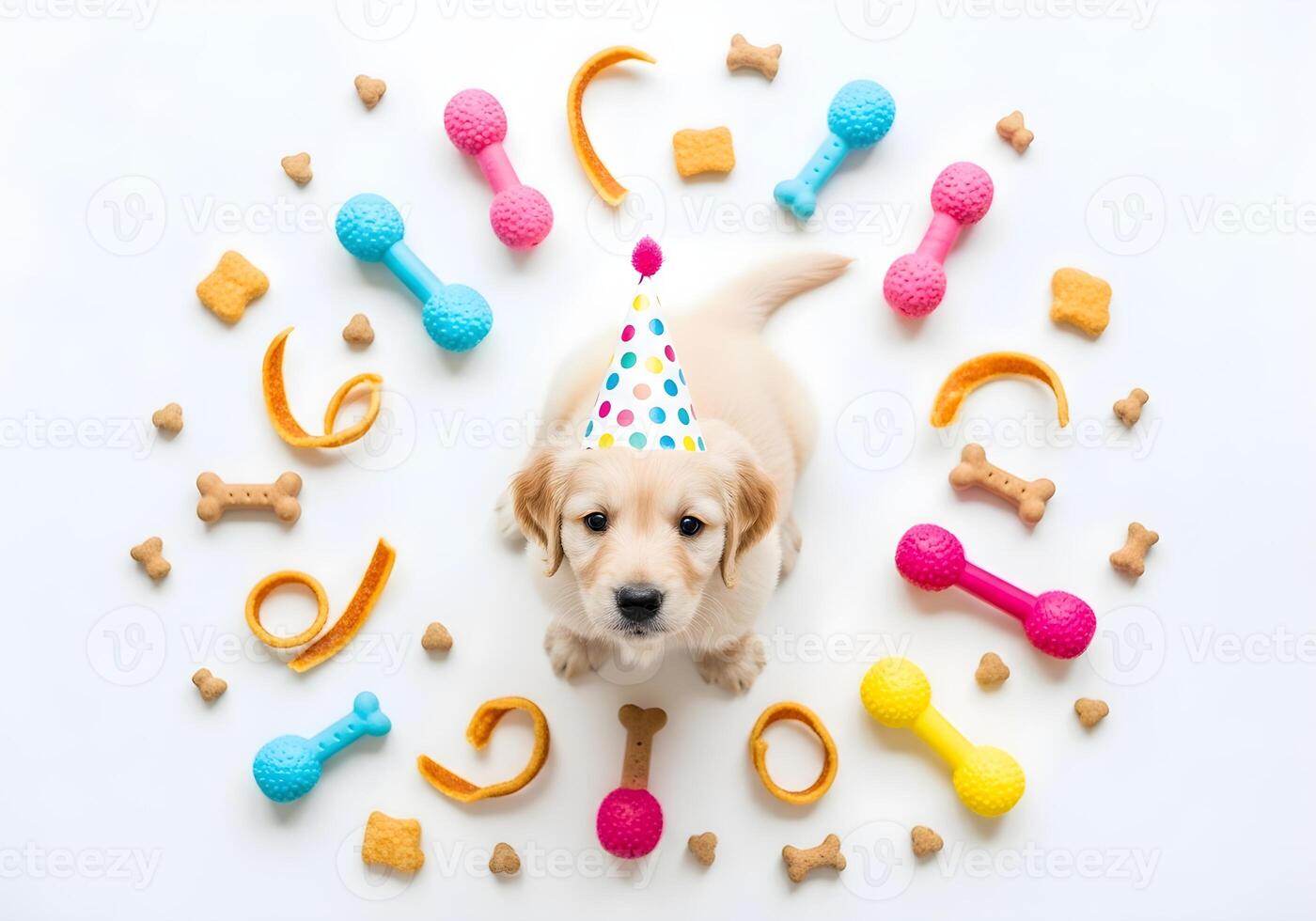 Small Dog Celebrating Birthday with Colorful Treats photo