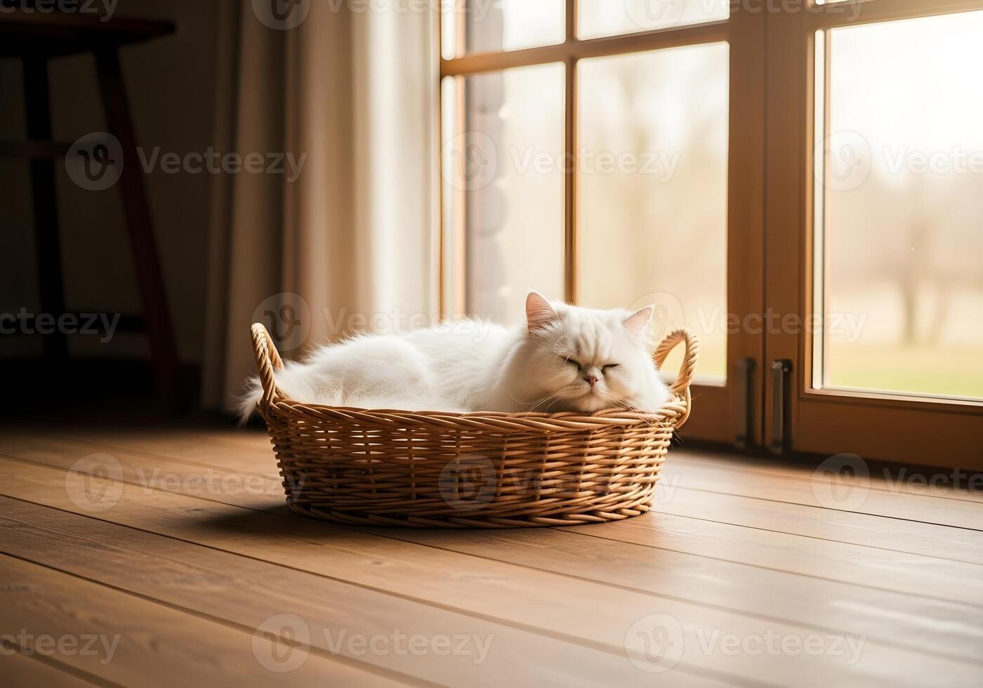 Fluffy Cat Napping in a Basket by the Window photo