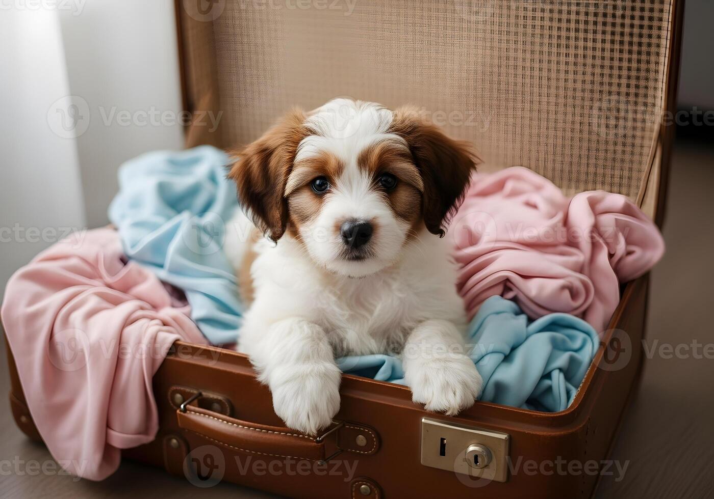 Puppy Resting Inside an Open Suitcase with Clothes photo
