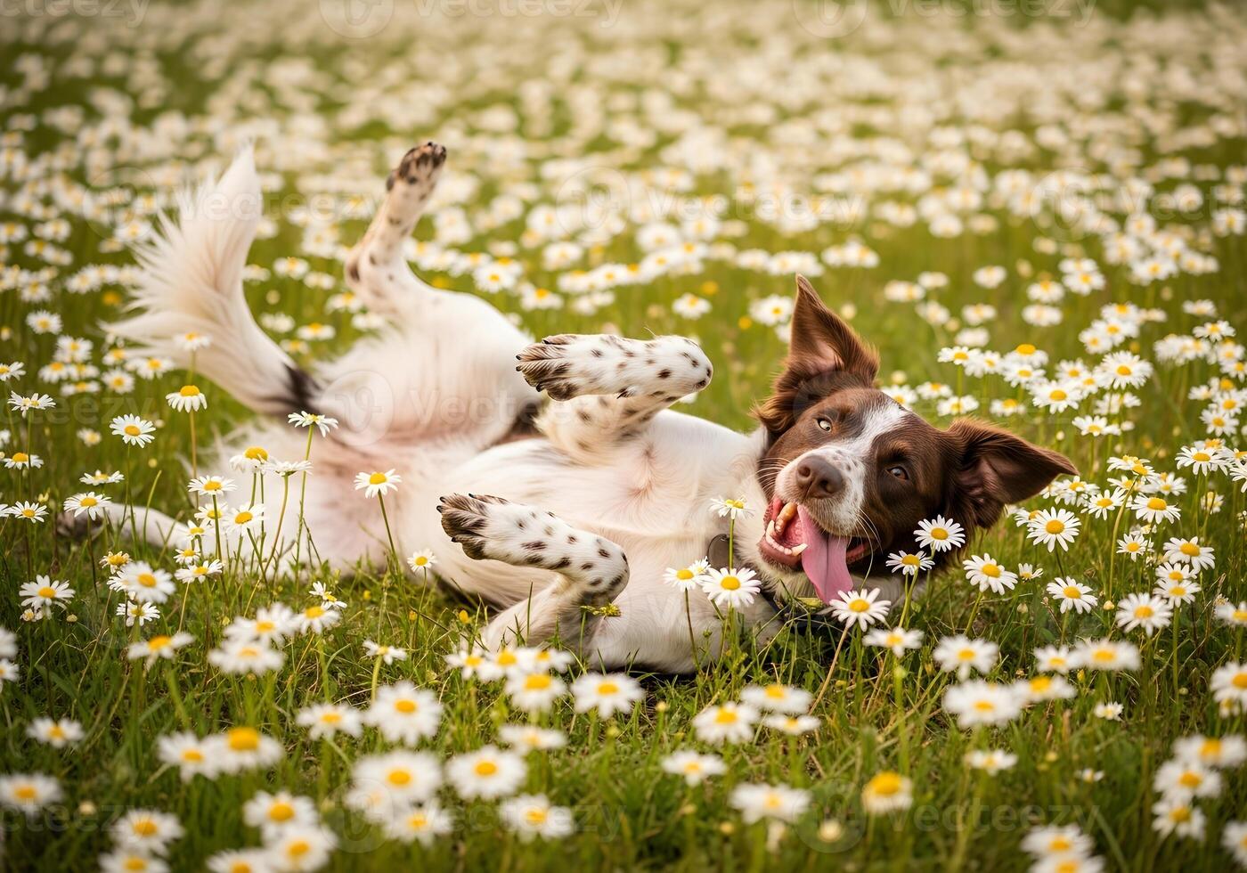 Dog Lying in Daisy Field with Paws Up photo