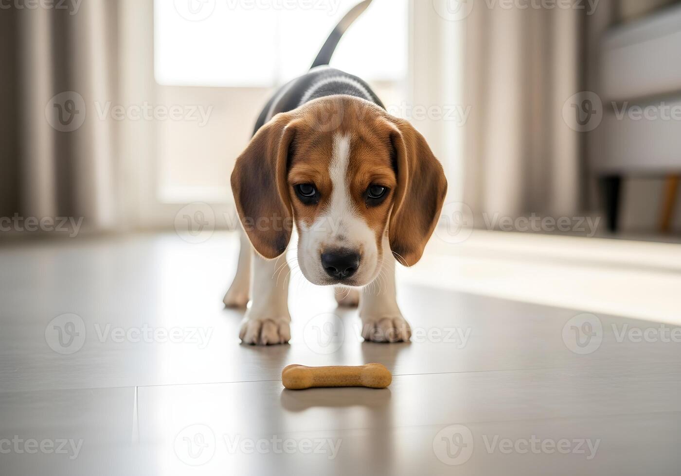 Curious Puppy Looking at Dog Biscuit Indoors photo