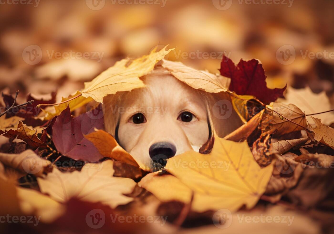 Dog Hiding Under Autumn Leaves with Nose Showing photo