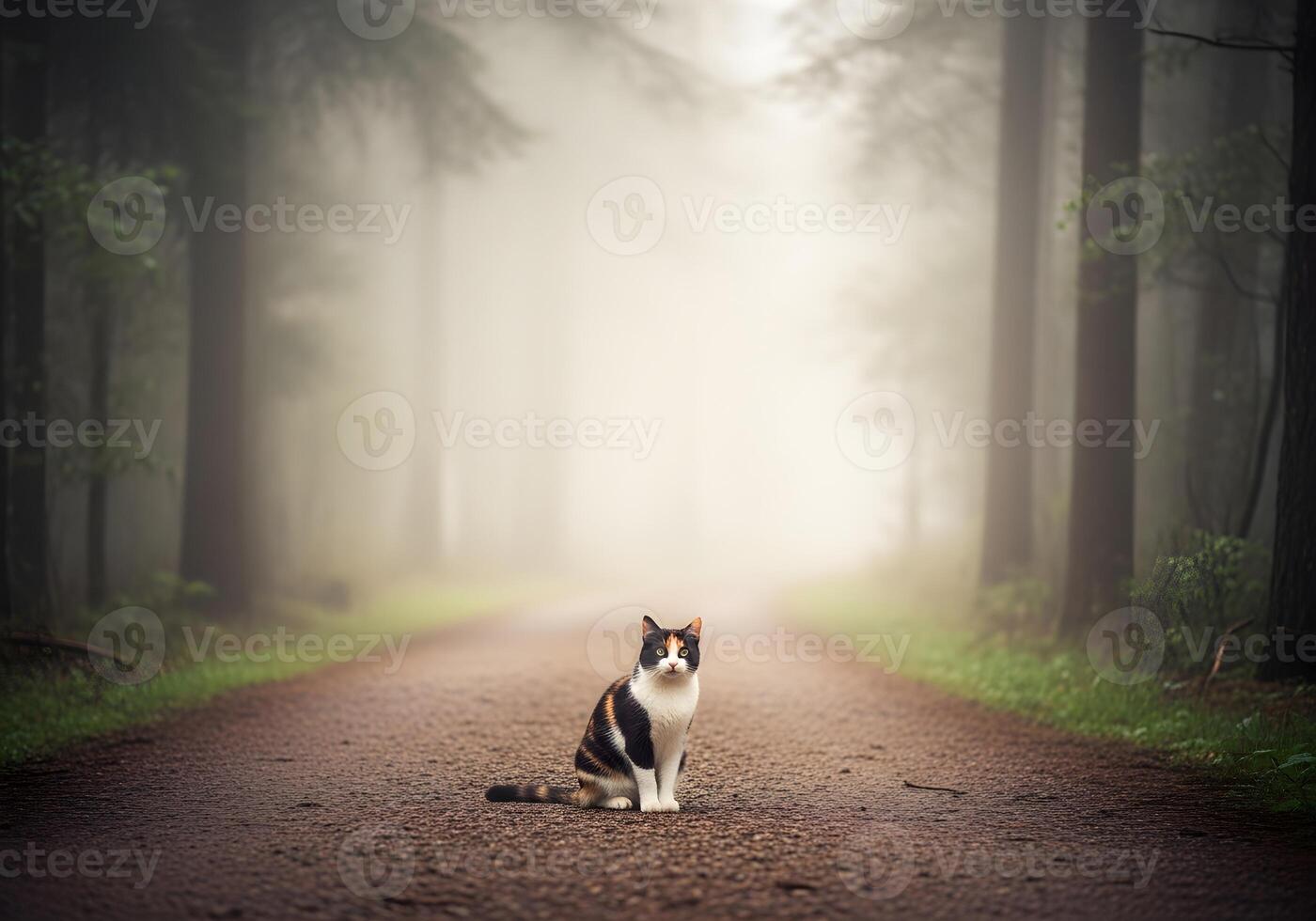 Calico Cat Sitting on Forest Path in Fog photo