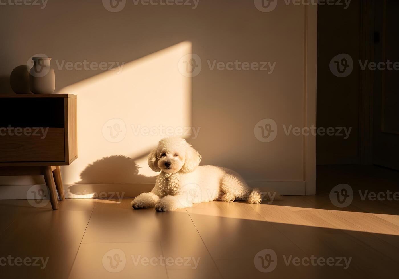 Fluffy White Dog Resting in Sunbeam on Wooden Floor photo