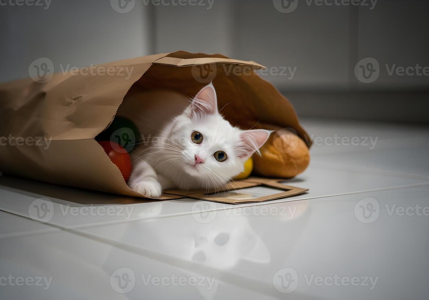 White Kitten Inside Paper Grocery Bag photo
